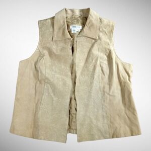 Coldwater‎ Creek Leather Vest Size Large Beige Floral Embossed